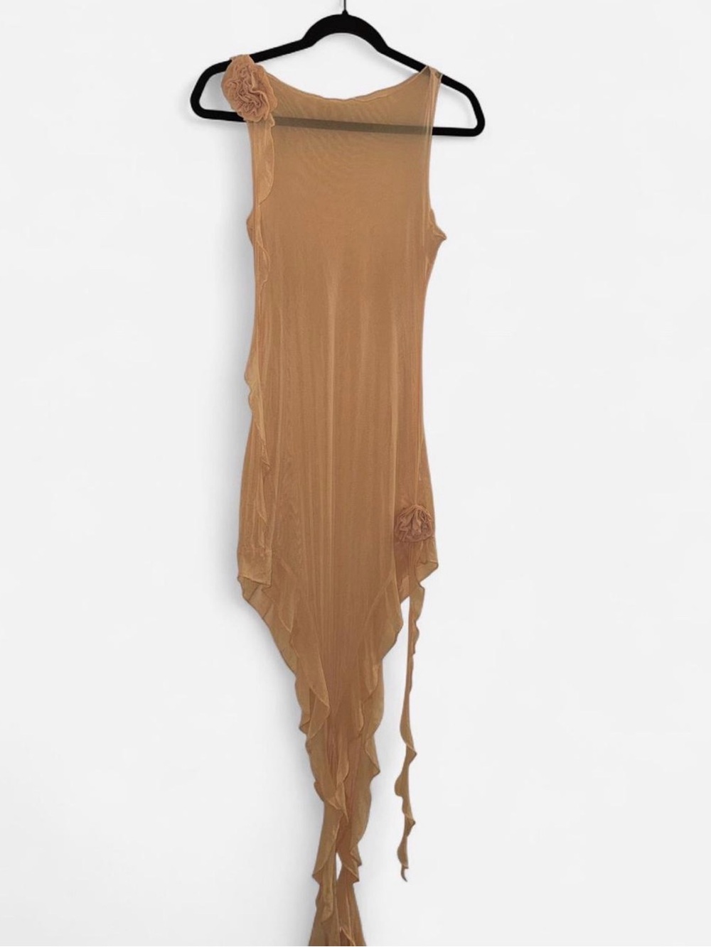 Sleeveless Asymmetric Sheer Ruffle Dress with rosettes in Tan